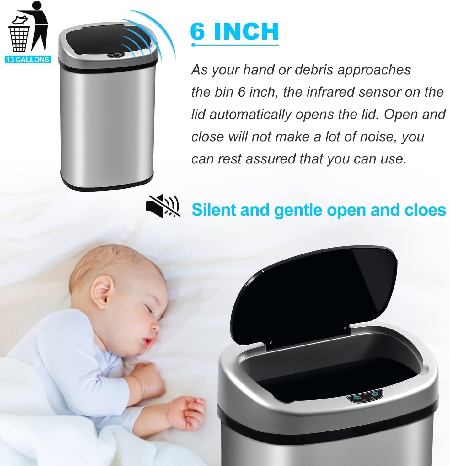 Bigacc Kitchen Trash Can | Stainless Steel 13 Gallon Trash Can | 50L Touch Free Garbage Can with Lid | Electronic Sensor High Capacity Trash Bin for Bathroom Kitchen Office, Silver
