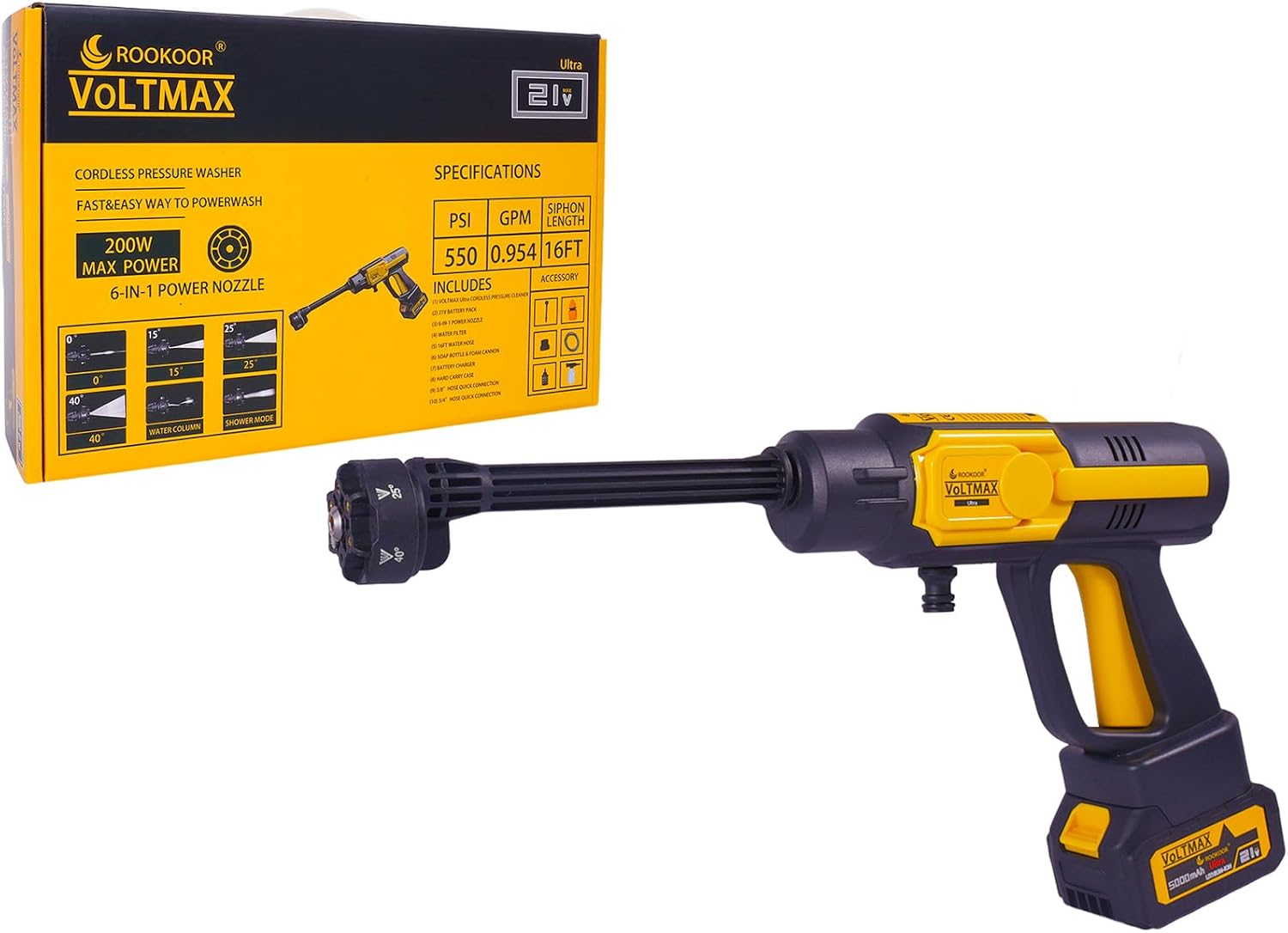 Rookoor Ultra Cordless Pressure Washer Battery Powered Portable Sprayer Brushless Motor Handheld Small Gun for Home Car Detailing House, 6-in-1 Nozzle, Dual Water Source, 16ft Detachable Hose