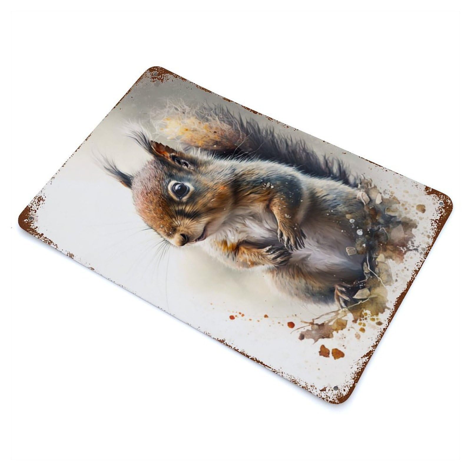 Vintage Metal Tin Sign Squirrel Watercolor Sketch 11.8"x7.9", Industrial Home Decor for Farmhouse, Kitchen And Entryway Decor