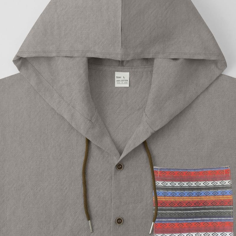 Men's Cotton-Linen Shirt - Long Sleeve Button-Up Hooded Shirt with Pockets Casual Wear for Vacations Daily Use - Image 3