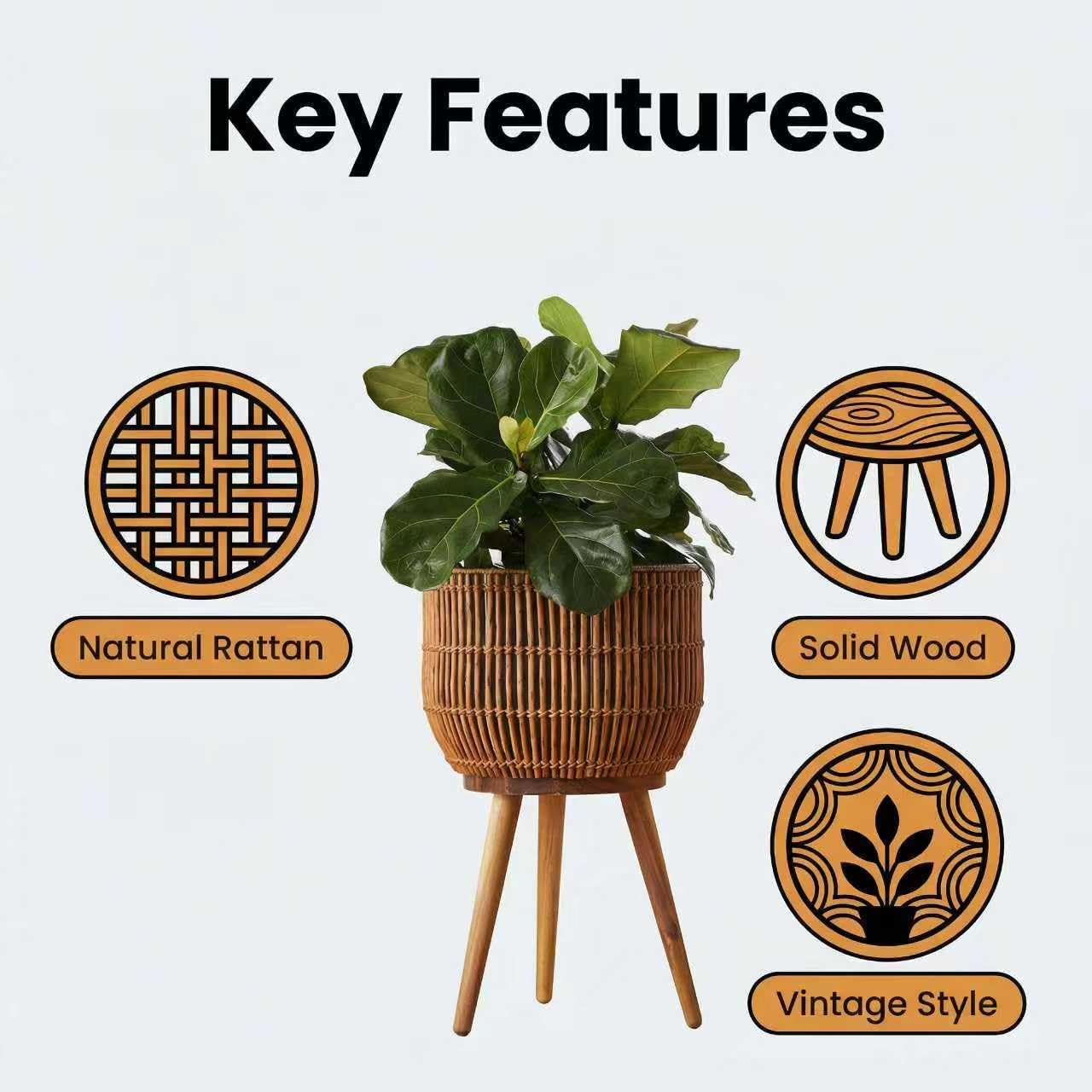 13-Inch Round Brown Resin Wicker Flowerpot and Stand, Equipped with Rosewood Legs, Suitable for Indoor and Outdoor Use, for Decoration of Home Gardens. (Brown)