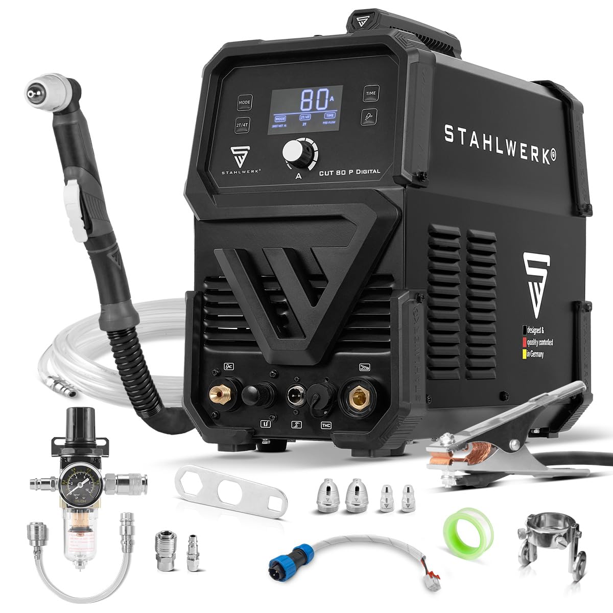 STAHLWERK Découpeur plasma CUT 80 P Digital – Découpeur plasma 80 A, capacité de coupe jusqu’à 25 mm, onduleur plasma avec amorçage pilote HF, interface THC pour contrôle de hauteur CNC