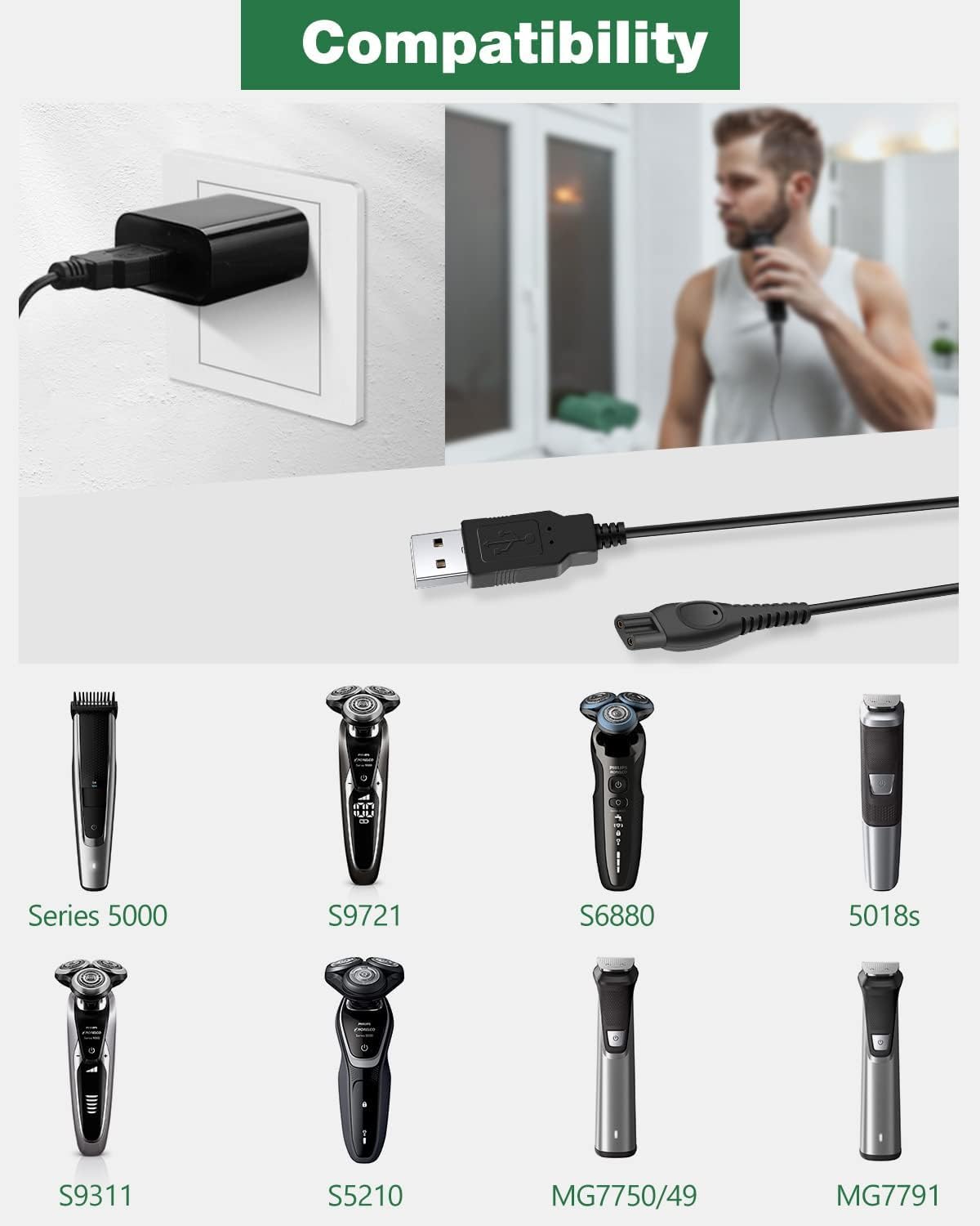 15V USB Charging Replacement Cable for Philips HQ8505 2300 7000 5000 3000 Series 3500 mg5750 mg7750 S1560 Electric Shaver Razor Multigroom Beard Trimmer — Amazon image 4
