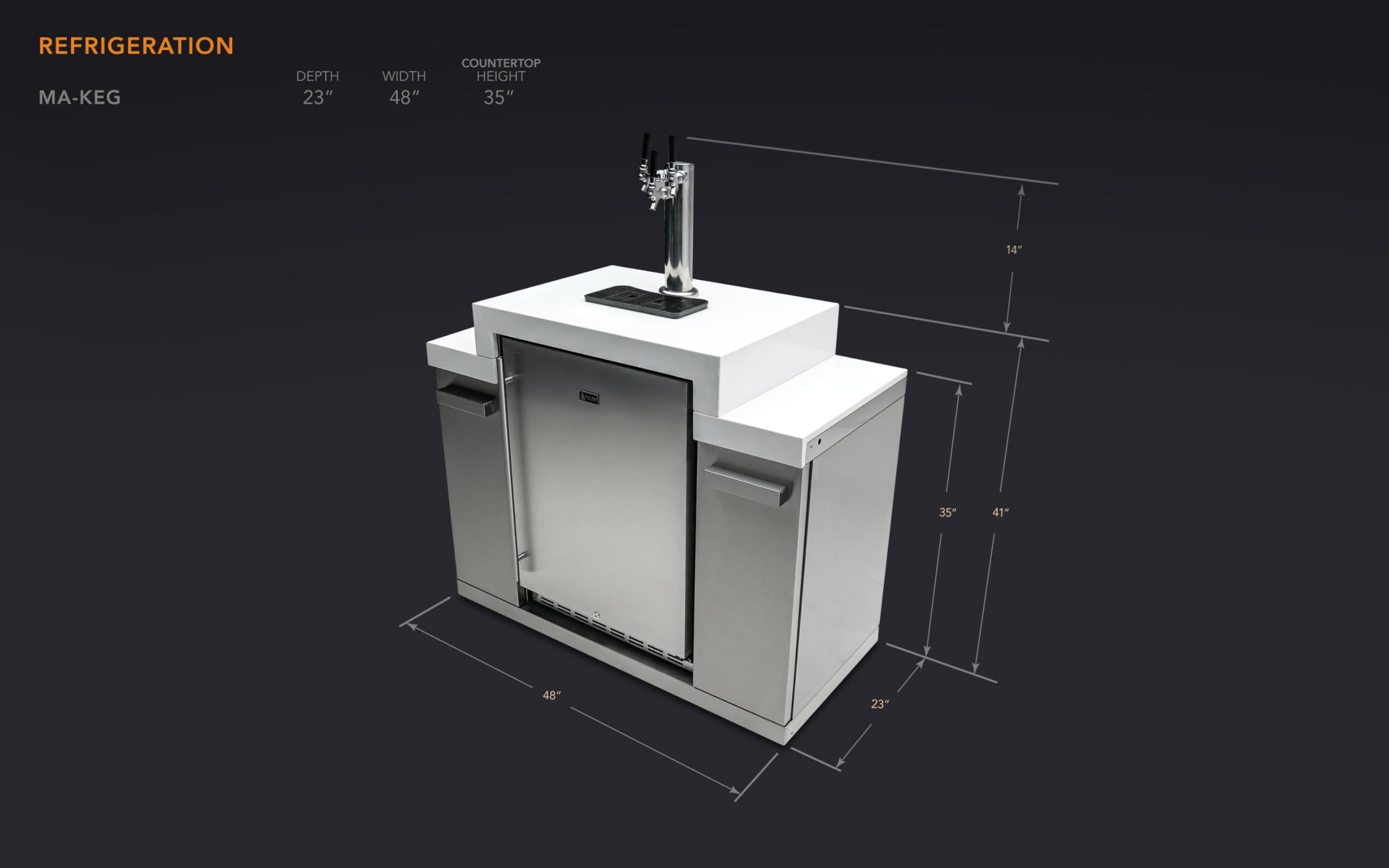 Mont Alpi Stainless Steel 48"W x 23"D x 55" H Premium Outdoor Kegerator 3-tap Draft Keg Beer Dispenser Refrigerator Module with Digital Display and Drip Tray plus White Granite Countertops and Storage on Fridge.com