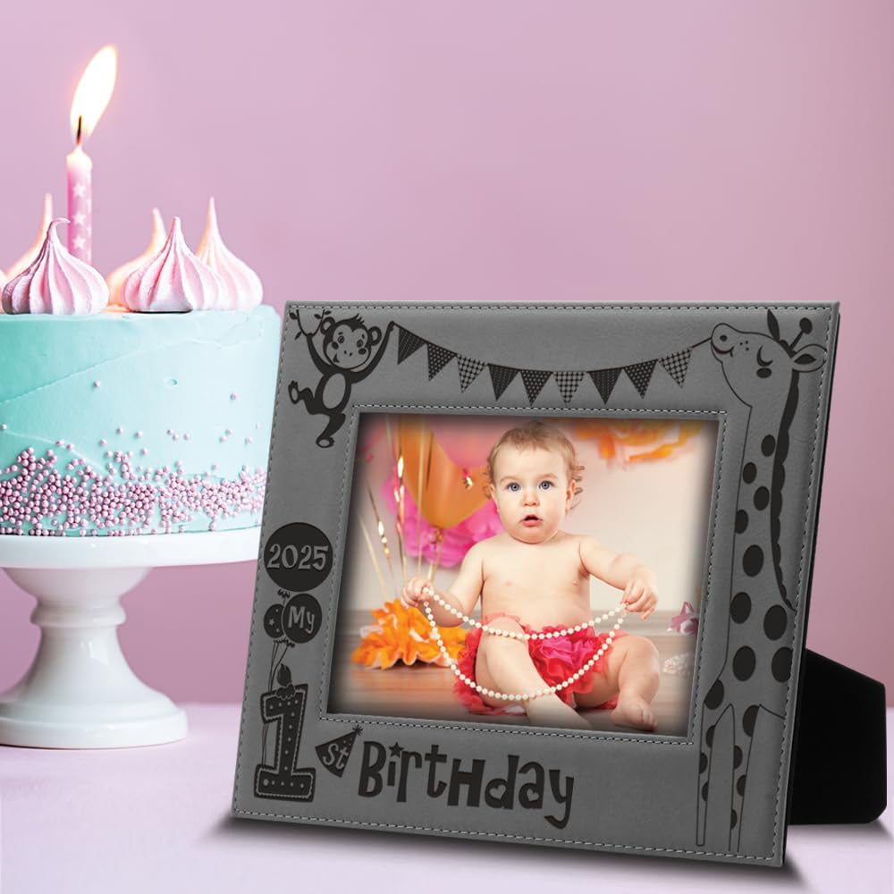 BELLA BUSTA- My first Birthday Picture Frame- 1st Birthday gift- Baby's First Birthday Frame- Engraved Leather Picture Frame(5 x 7 Horizontal)