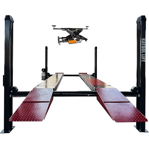 KATOOL KT-4H120x 12000lbs 4 Post Repair Lift, Alignment Lift with Rolling Jack, 86.9” Lifting Height, Double Protection Locks, Extra Height Extra Wide Extra Tall Parking Car Lift, Work Shop, 220V