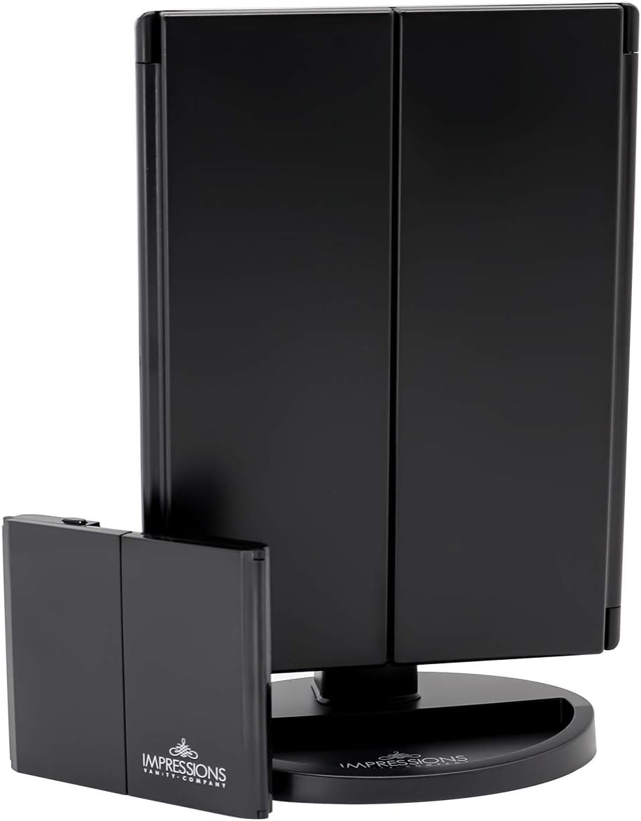 🔥 Hot Deals Impressions Touch and Go Trifold Makeup Mirror Bundle with Brighter Dimmer LED, Adjustable Tabletop and Compact Vanity Mirrors with Standing Base (Black)