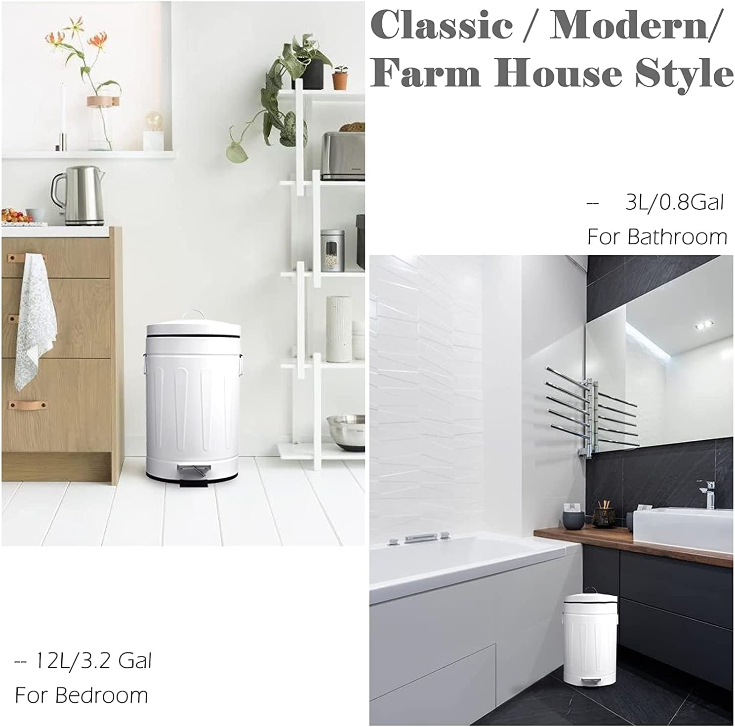3.2 Gal./12-Liter and 0.8 Gal./3 Liter Old Time Style Round White Metal Step-on Trash Can Set (White)