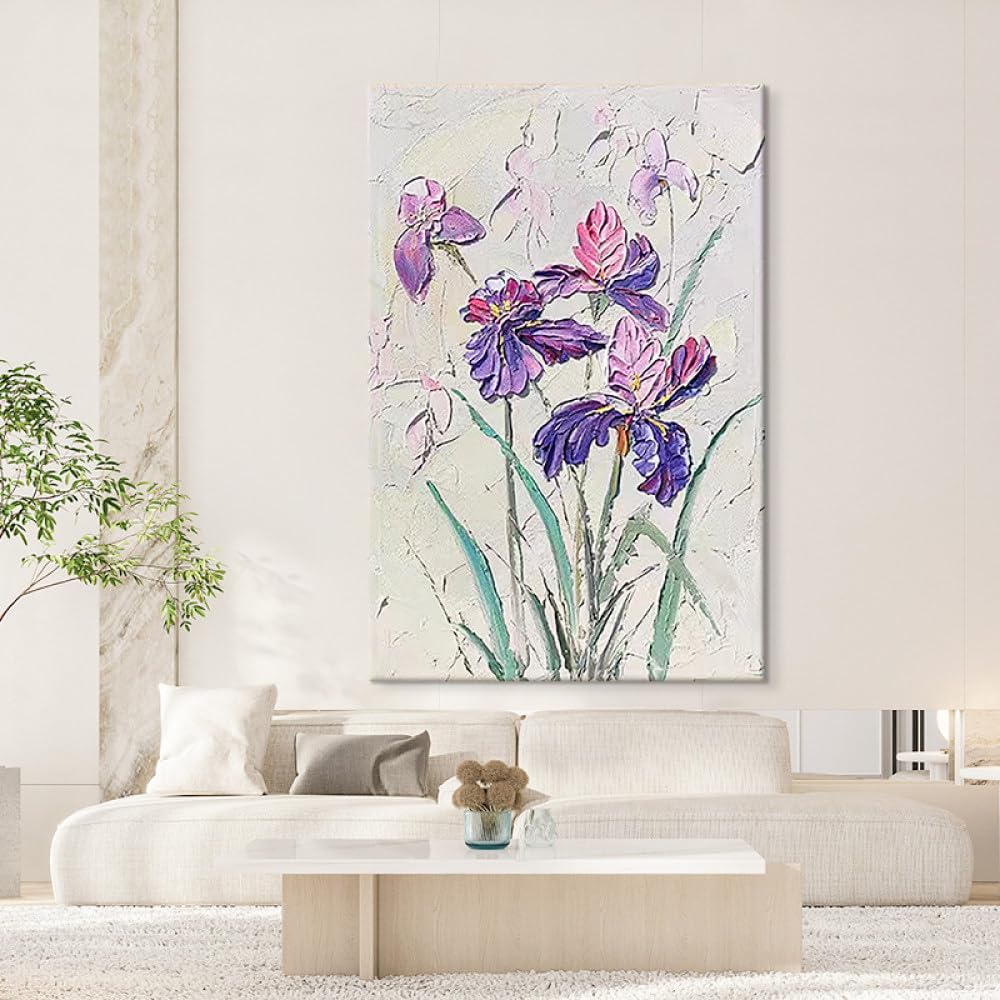 Peinture fleurs d'iris violet pour grand canapé salon décoration murale chic
