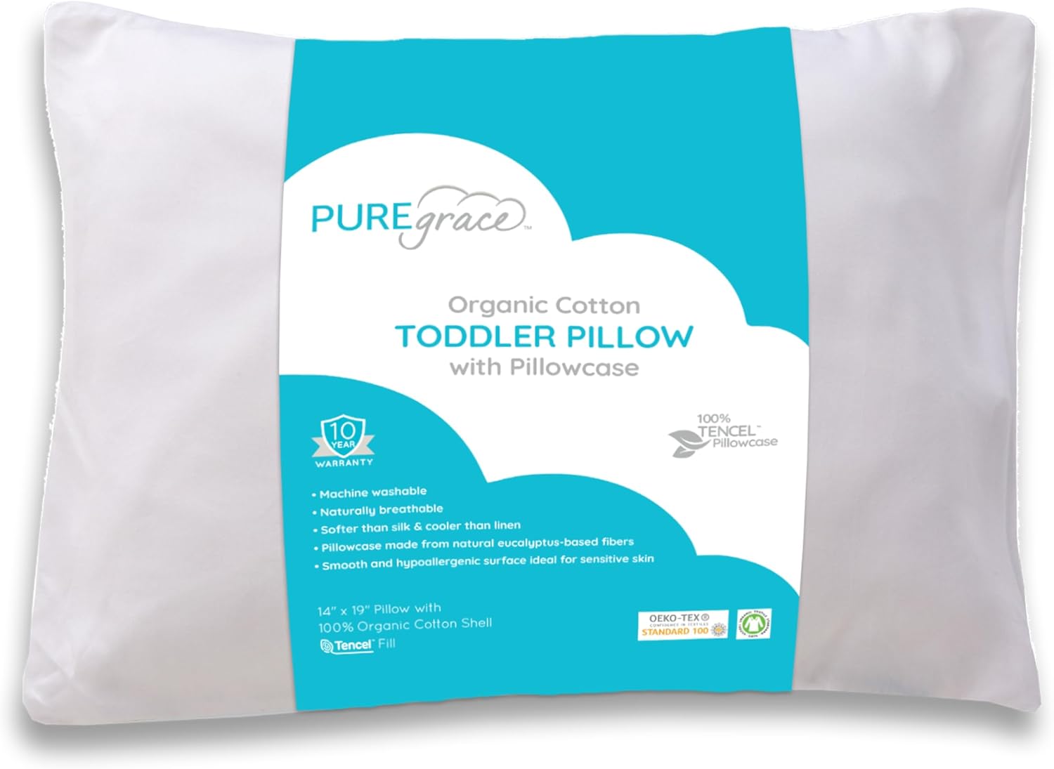 PUREgrace Tencel Toddler Pillow and Pillowcase Set – Organic Cotton Shell, Washable and Soft for Kids Ages 2-5, Perfect Size for Travel (14” x 19”)
