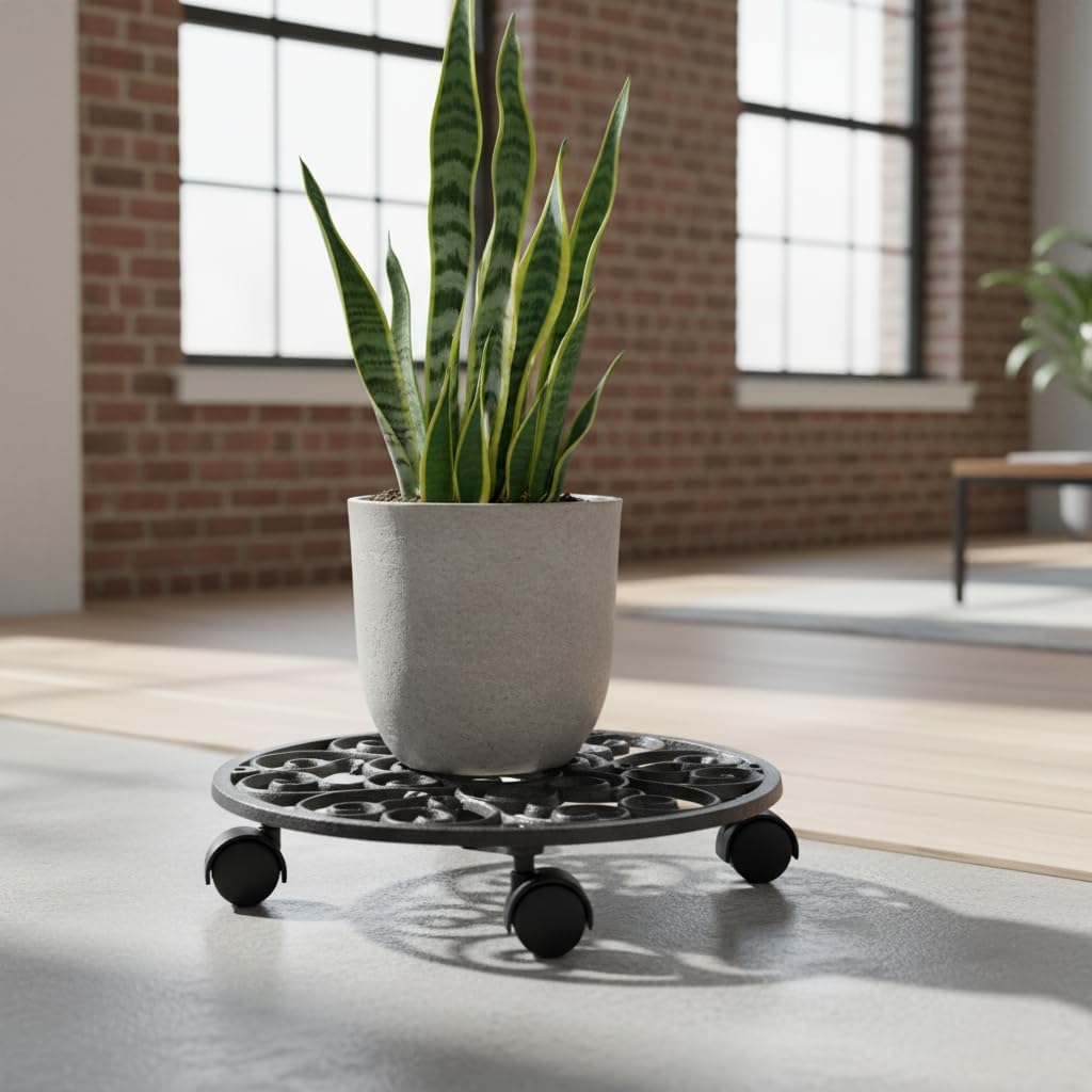 Comfy Hour 12" Cast Iron Plant Caddy with Wheels, Heavy Duty Rolling Flower Pot Stand, Decorative Victorian Style Plant Dolly for Indoor Outdoor Use, Bronze Finish, 1 Unit