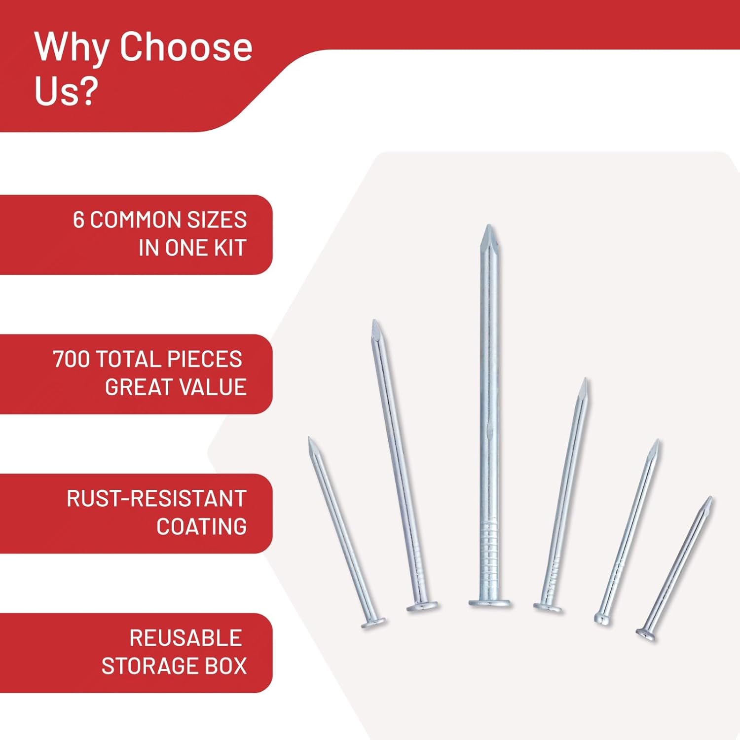 Nails Assortment Kit - 700 PCS Galvanized High-Carbon Steel Nails for Hanging Pictures & Wall Art Decor, Includes Organizer Box with 6 Sizes: 3/4", 1", 1-1/4", 1-1/2", 2" & 1" Finish Nails