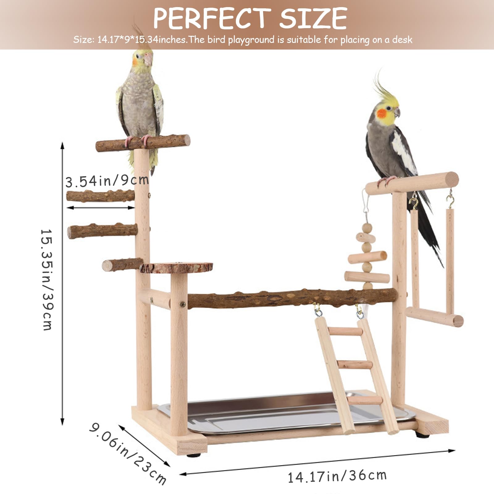 Support de Perroquet - Aire de Jeux pour Oiseaux en Bois avec Échelle, Balançoire, Mangeoire, Plateau et Jouets de Gymnastique Perchoir pour Oiseaux de Petite à Moyenne Taille