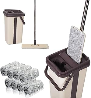 Mop and Bucket Set,Flat Mop and Bucket with Wringer Set,Mops for Floor Cleaning,8 Washable Microfiber Pads Included,Wet and Dry Use,Dust,Wall and Wood Floor Mops,Beige,Mop and Bucket