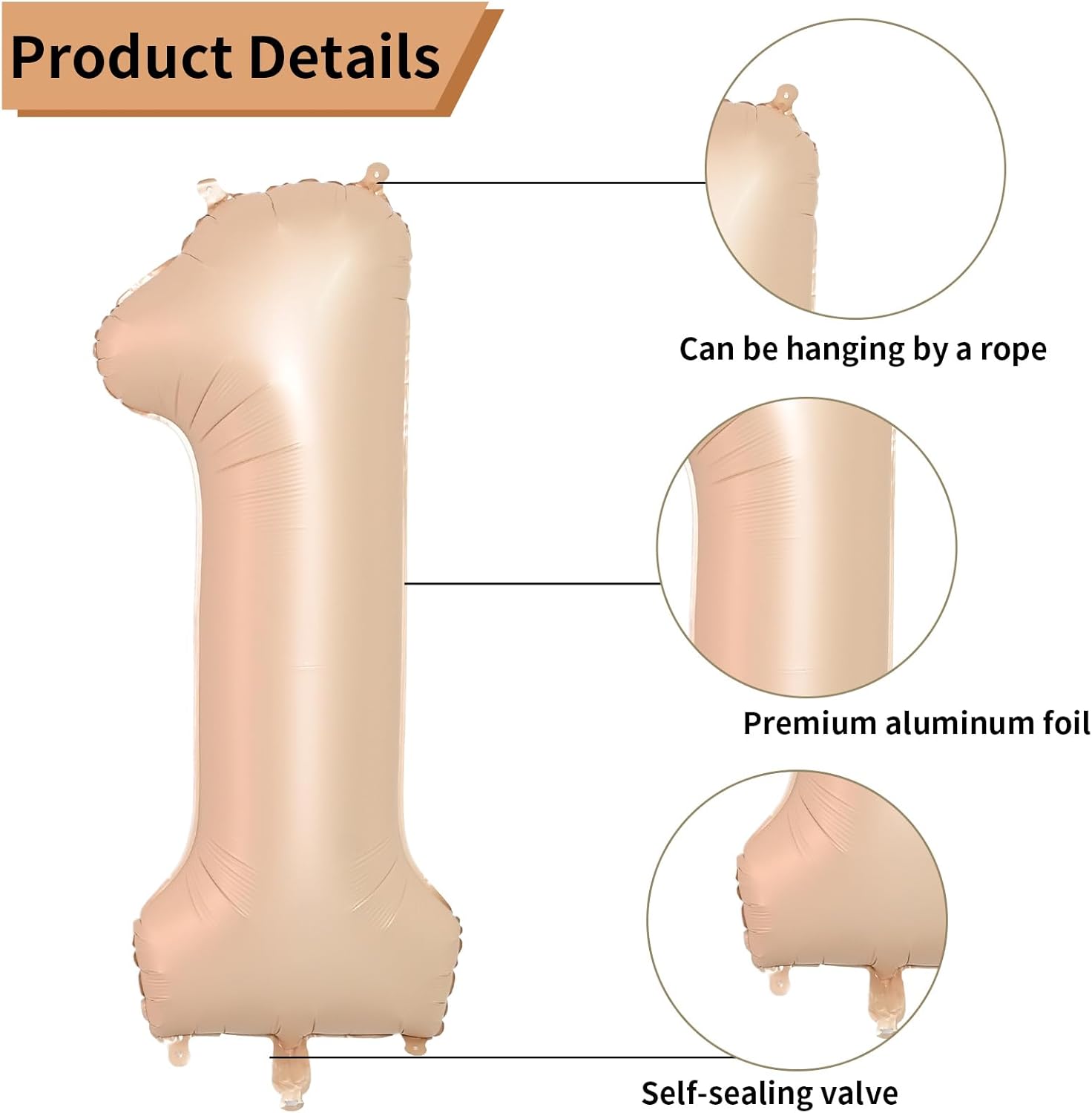 Biapian 40 Inch Light Brown Number 1 Balloon, Caramel Large Number One Balloon Digital with Cream Foil Heart Balloon for 1st Birthday Decorations first One Year Boys Girls Baby Shower Party Decor