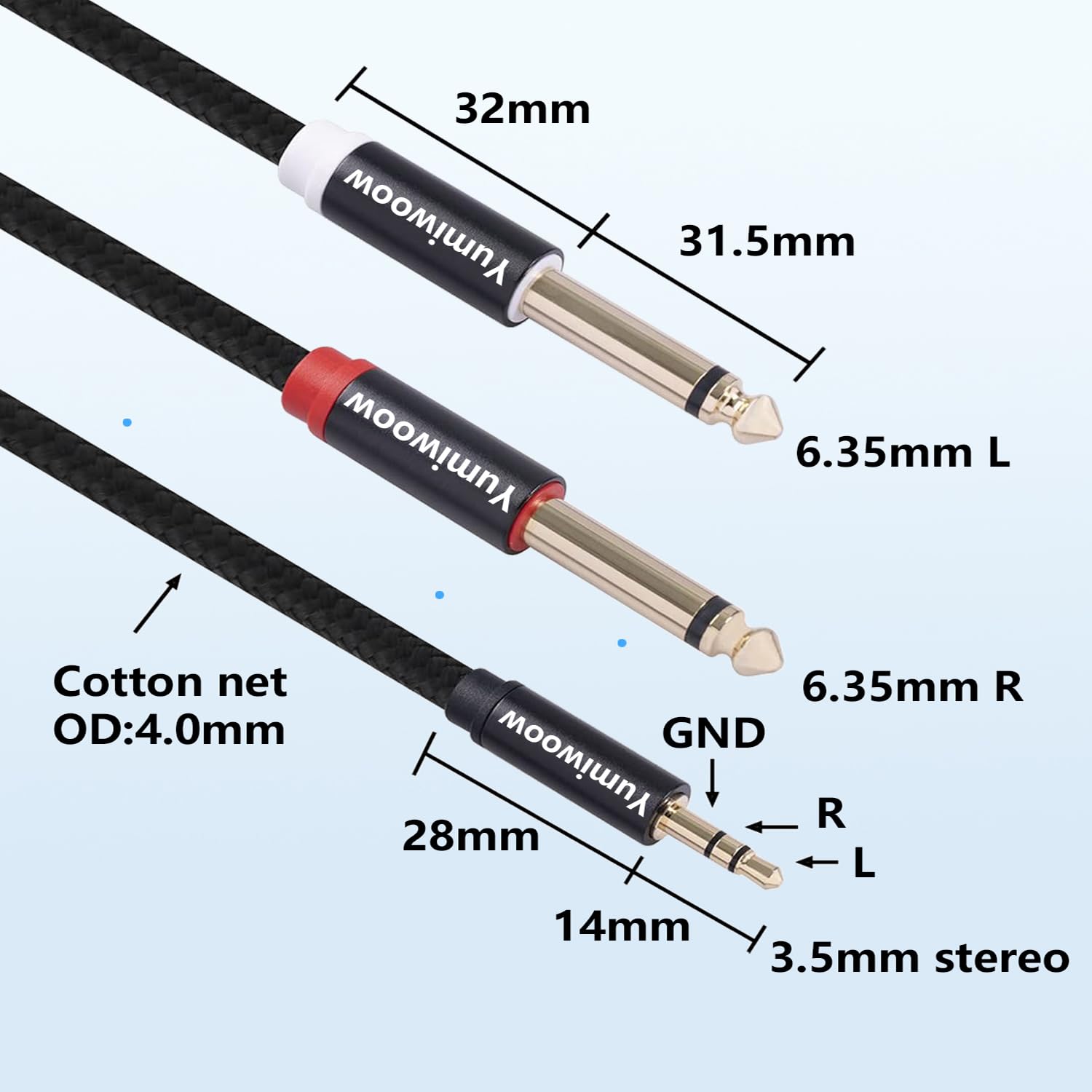 Adaptador dual de 3,5 mm a 1/4 de 1/8 a 6,35 mm TS mono cable de audio estéreo divisor en Y compatible con iPhone, iPod, tarjeta de sonido de computadora, auriculares, altavoz, sistema estéreo