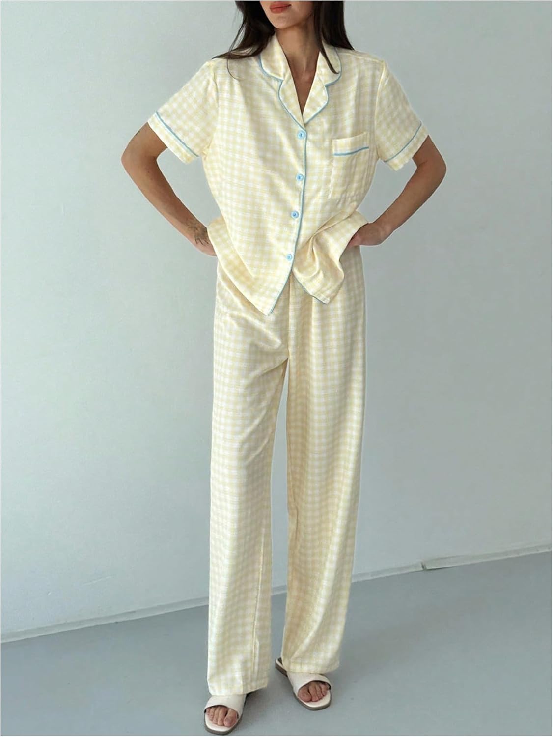 SHENHE Women's Gingham Pajama Set Short Sleeve Sleepwear Button Up Pjs Long Pants Loungewear - Image 4