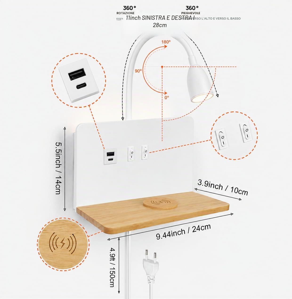 Bianco Applique da parete interno LED, Lampada da parete con Porte di Ricarica USB e Caricatore Wireless, Lampada a Muro a parete con spina e cavo, Regolabile e Flessibile Luce da Lettura Dimmerabile