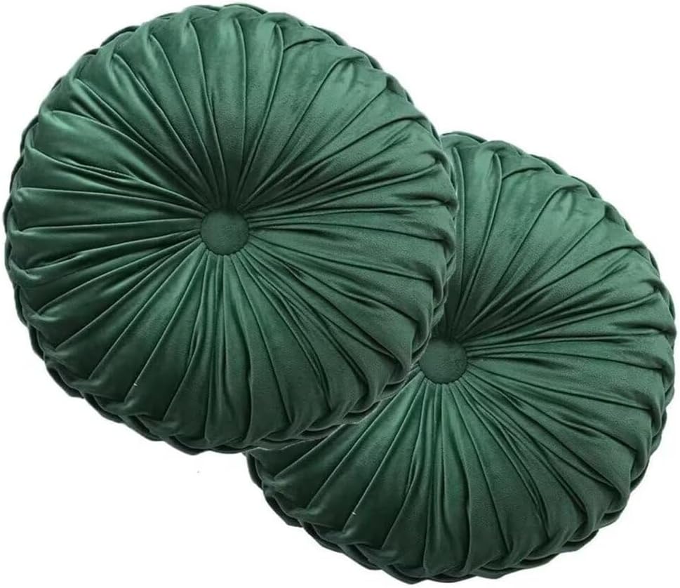2 Pcs Round Throw Pillows Velvet Pleated Round Pillows Pumpkin Floor Cushion for Living Room Couch Chair Bed Sofa 14.17" Diameter Emerald Green