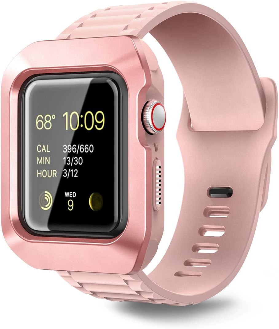 Dexnor Case for Apple Watch 40mm Series 6/SE/5/4, [Built in Adjustable Band] Rugged Military Grade Protection Soft Silicone Hard Cover with Band for iWatch Series 6/SE/5/4 [40mm] Rose Gold