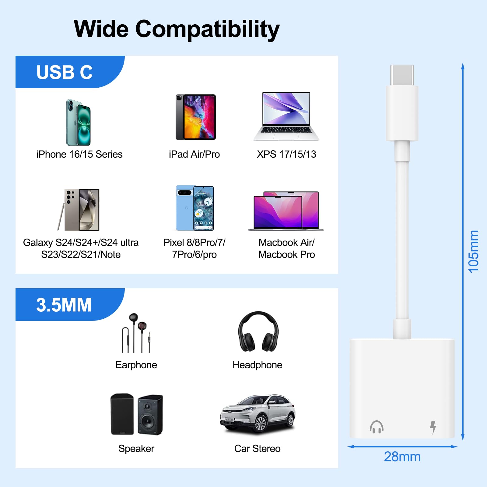Adaptateur USB C vers Jack 3.5mm avec Charge Rapide 60W, Hi-Res Adaptateur Casque USB-C Compatible avec iPhone 16/15 Pro Max Samsung Galaxy S24/S23/S22/S21 Ultra iPad Pro Pixel