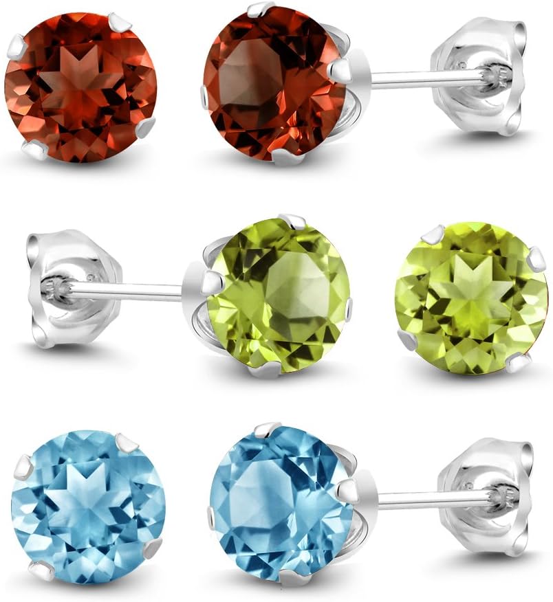Gem Stone King Set Of 3 Round 6MM Topaz Peridot and Garnet 925 Sterling Silver Stud Earrings for Women