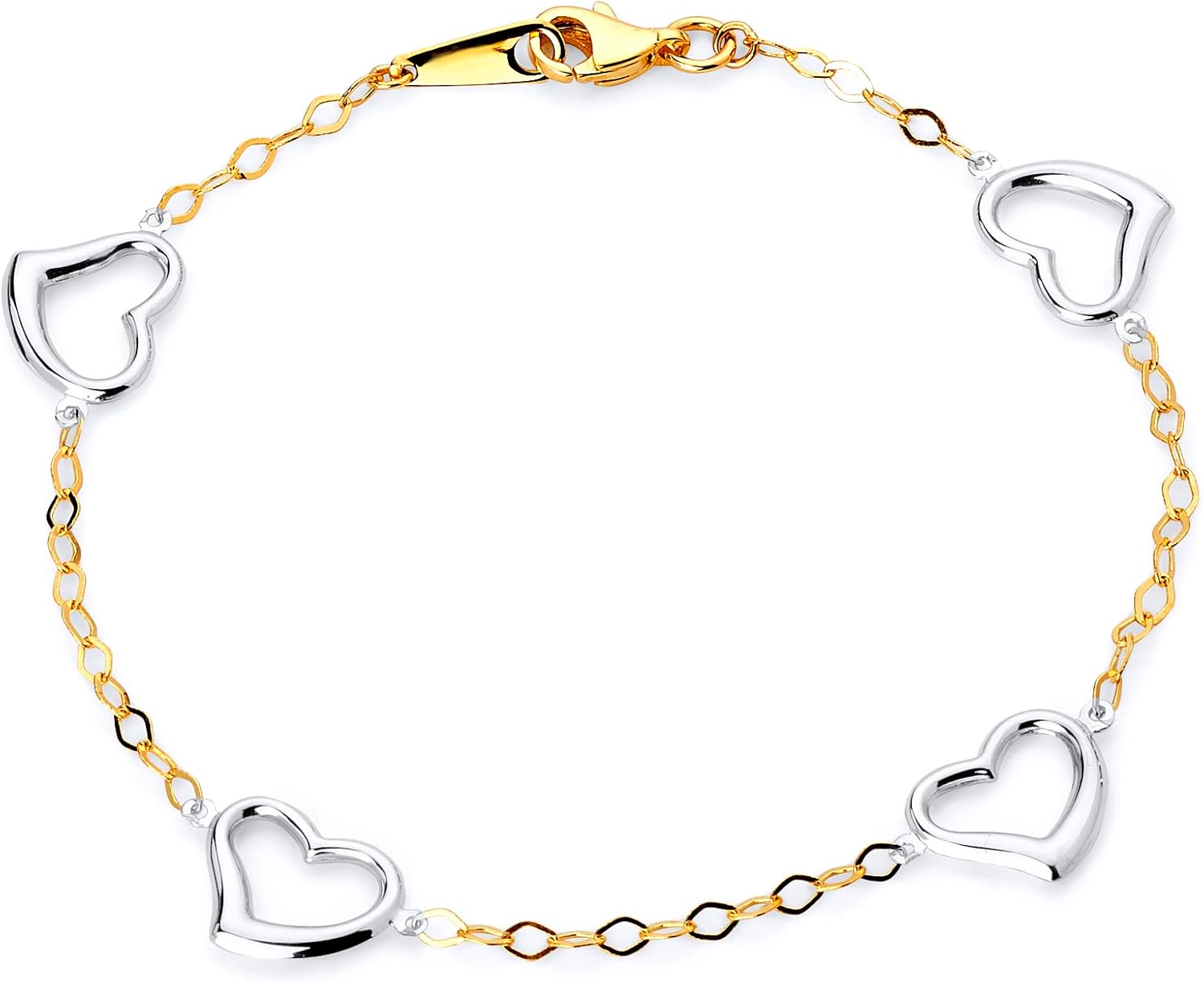 Wellingsale 14k Two 2 Tone White and Yellow Gold Heart Link Bracelet with Lobster Claw Clasp - 7.5"