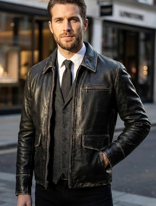 Image of Mens Leather Jacket Black | Real Leather Biker Jacket With Distressed Exterior | Motorcycle Clothing