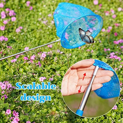 kuou 4 Pieces Telescopic Butterfly Net and Foldable Bucket, 3 Colors Fishing Nets for Kids, Butterfly Nets Fishing Nets for Kids Catching Insects Bugs Fish Outdoor Garden Activities