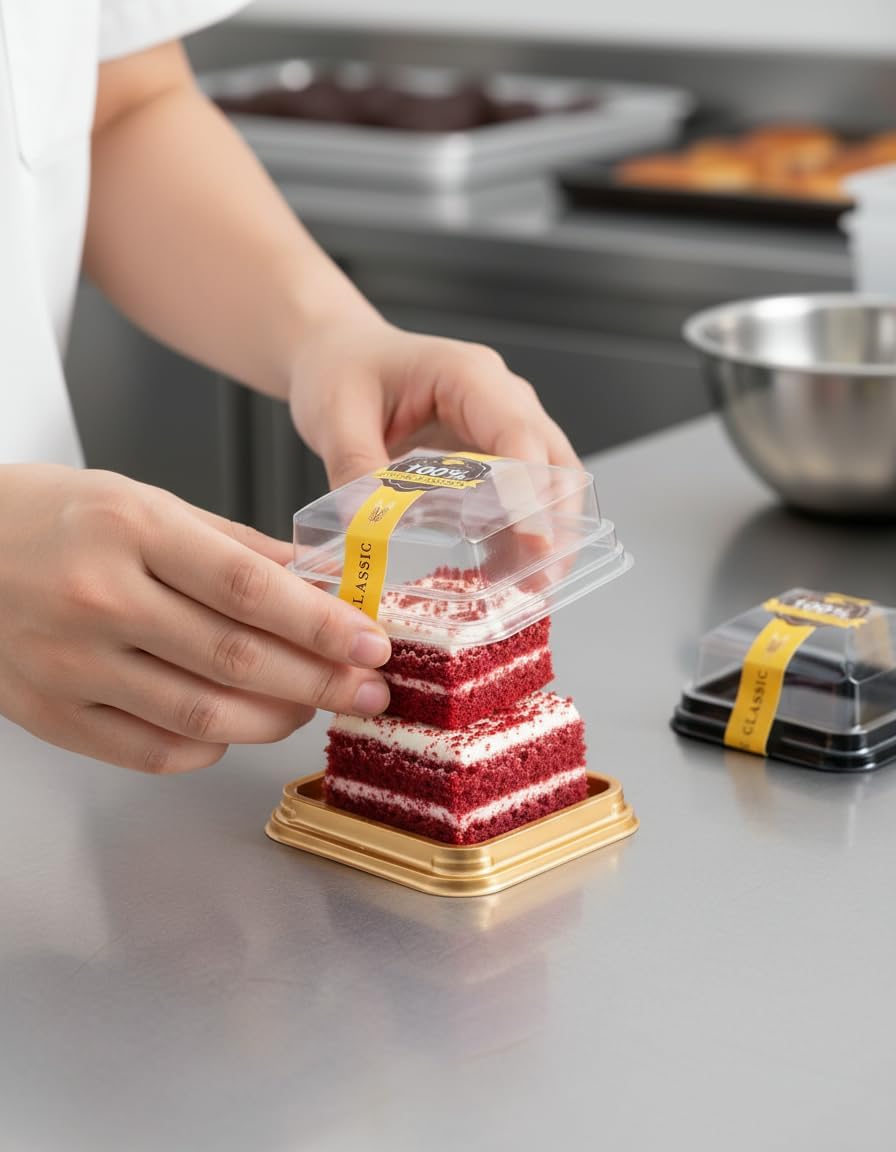 Mini Cake Box, 100 Pack Clear Plastic Mini Cake Box Square Plastic Dessert Cups Individual Cake Containers, Mooncake Boxes For Cheese Pastry Dessert Mooncake Cookies (Black)
