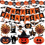 Halloween Deko Happy Halloween Banner Kürbis Girlande Halloween Party Deko mit Kürbis Wabenball Seidenpapierfächer und 3D Fledermaus für Halloween Party Innen und Outdoor Dekoration