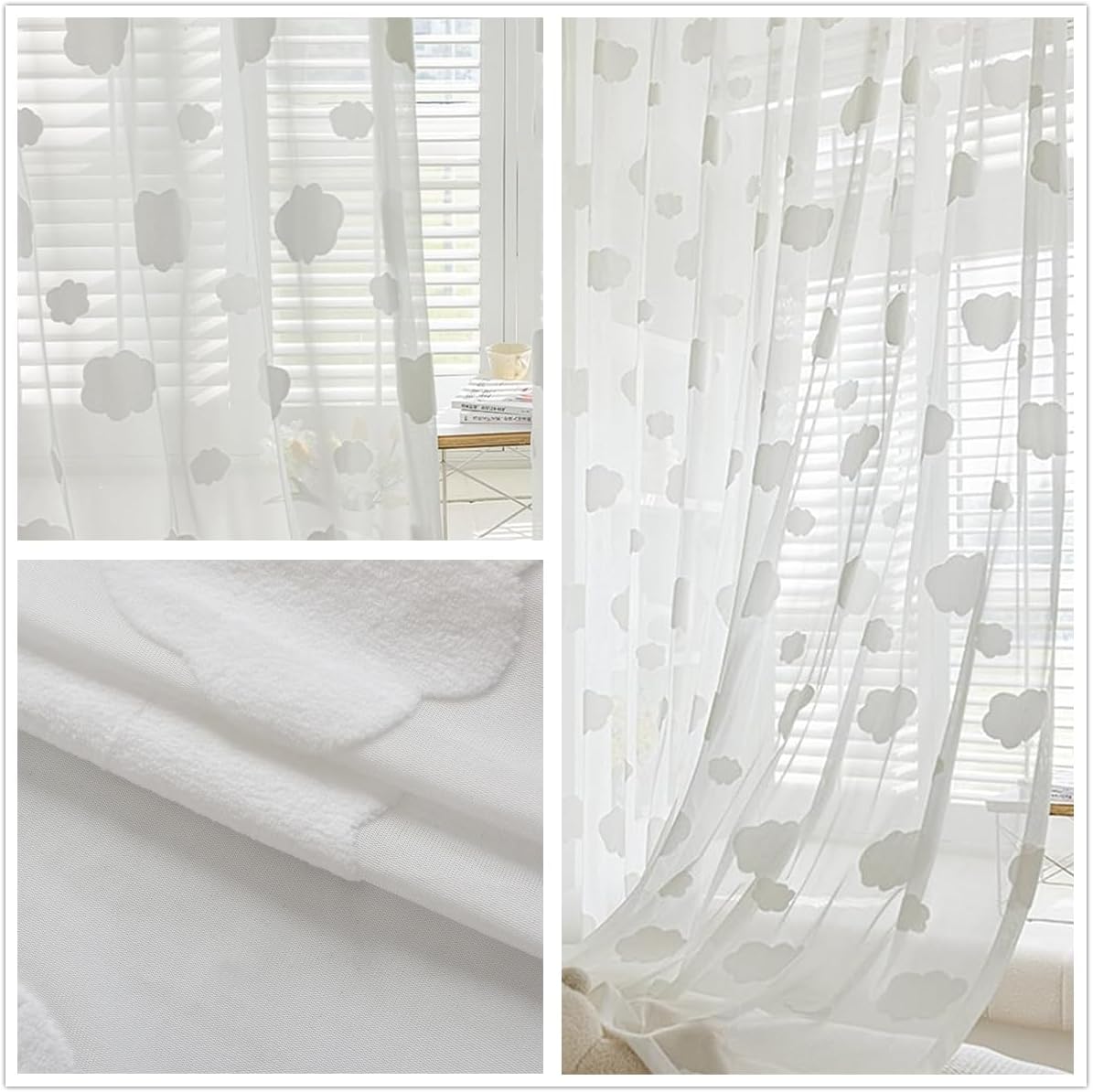 GYROHOME White Lovely Embossed Cloud Sheer Curtains Sunlight Filtering Rod Pocket 3D Cute Cloud Embroidered Voile Drapes for Bedroom, 2 Panels, 52x96inch