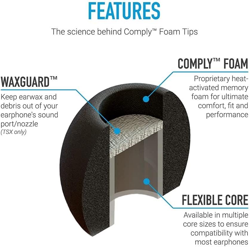 Comply Comfort Plus Tsx-200 Memory Foam Earphone Tips, Noise Reducing Replacement Earbud Tips, Secure Fit (S/M/L, 3 Pairs), Black (29-20200-11)