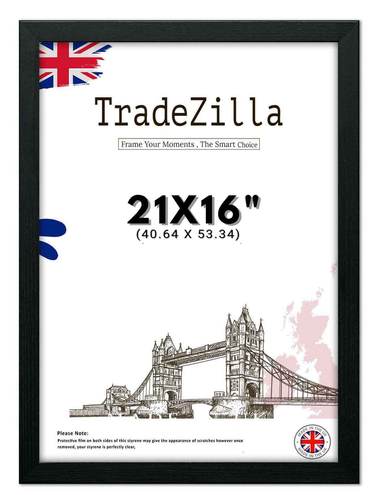 TradeZilla 21x16 inch Poster Frame in Black with Crystal Clear Perspex-(40.64 x 53.34) Solid MDF Wood Picture Art Frame Poster Frames in Horizontal or Vertical Format (Black)