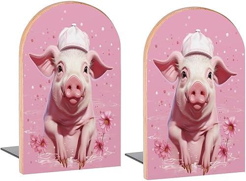 Sujetalibros decorativos de madera de cerdo rosa con sombrero, para estantes, habitación de los niños, escritorio, oficina en casa, tapones de
