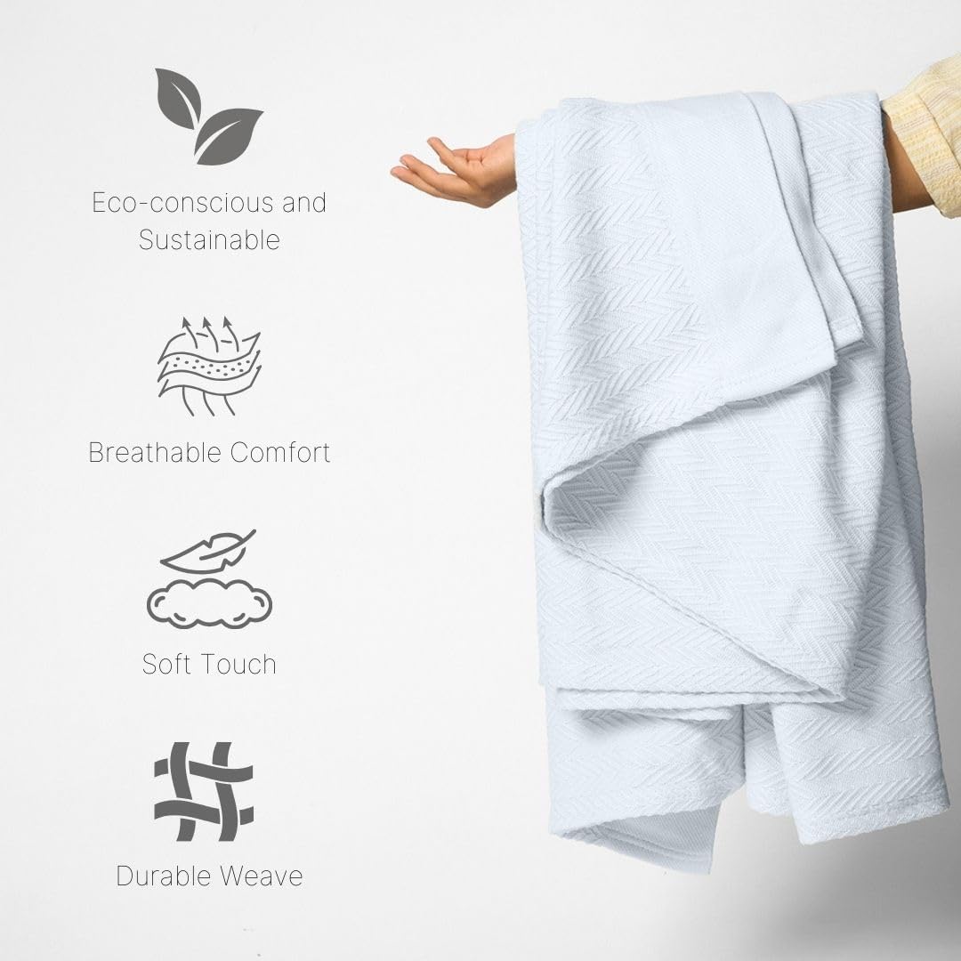 100% Cotton Herringbone Weave Blankets, 90"X90" Queen, Throw Blanket for Bed,All Season Cotton Blanket, Cozy Blanket,Throws Bed Blanket,Throw Blanket for Couch,Modern Home Decor -Light Blue - Image 4