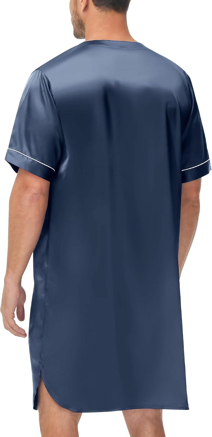 SWOMOG Mens Silk Satin Nightshirt Short Sleeve Loose Henley Sleep Shirt Comfy Nightgown Big & Tall Men Sleepwear