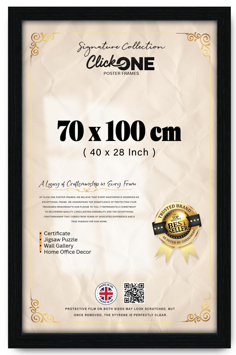 Click One Black Photo Frame B1-70 × 100 cm Poster Display with UV Protection Acrylic Hanging Hardware for Wall Mounting Display Picture Vertically or Horizontally MDF backboard