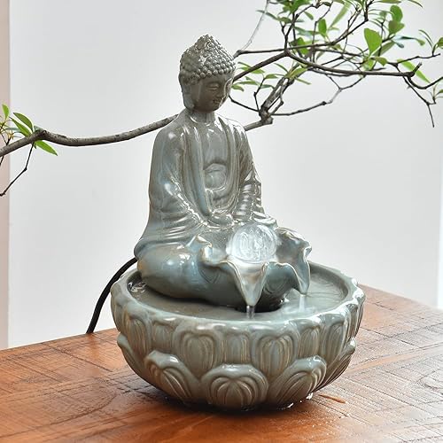 Fuente de cerámica de mesa con función de agua para interiores, hogar, oficina, cocina, regalo de decoración de Buda (azul)