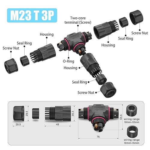 Miniatura 4 de AOHUA Conector de caja de conexiones en T impermeable IP68 3Way 3pin M23, rango de cable 0.394-0.591 in, instalación en campo, certificación UL