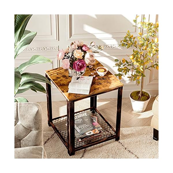 Rolanstar Rustic End Table, 2-Tier Side Table with Retro Metal Frame and Iron Mesh Storage Organizer Shelves, for Living Room, ED001-A - Image 4