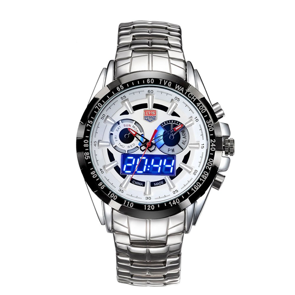 Unique Watches TVG White Steel Band Black Case Analogue-Digital Black Dial Mens Watch (B07GBC4XS8) Amazon Price History, Amazon Price Tracker