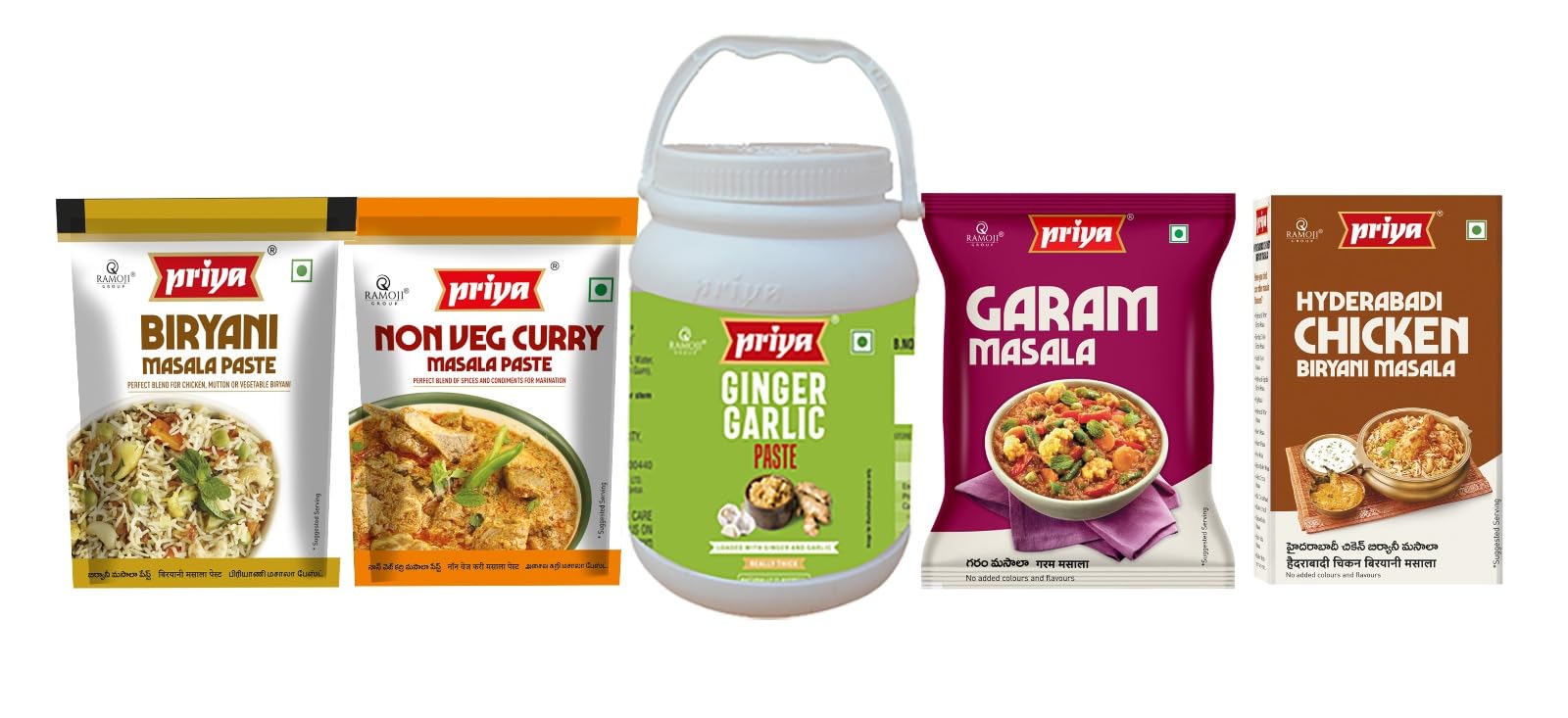 Priya Combo Paste Pack-Total 1300gm I Ginger Garlic 1Kg,Biryani Masala 90g,Non-Veg Masala 90g,Garam Masala Powder 50g,Hyderabadi Chicken Biryani Masala 50g | Authentic Aroma and Flavour for Cooking