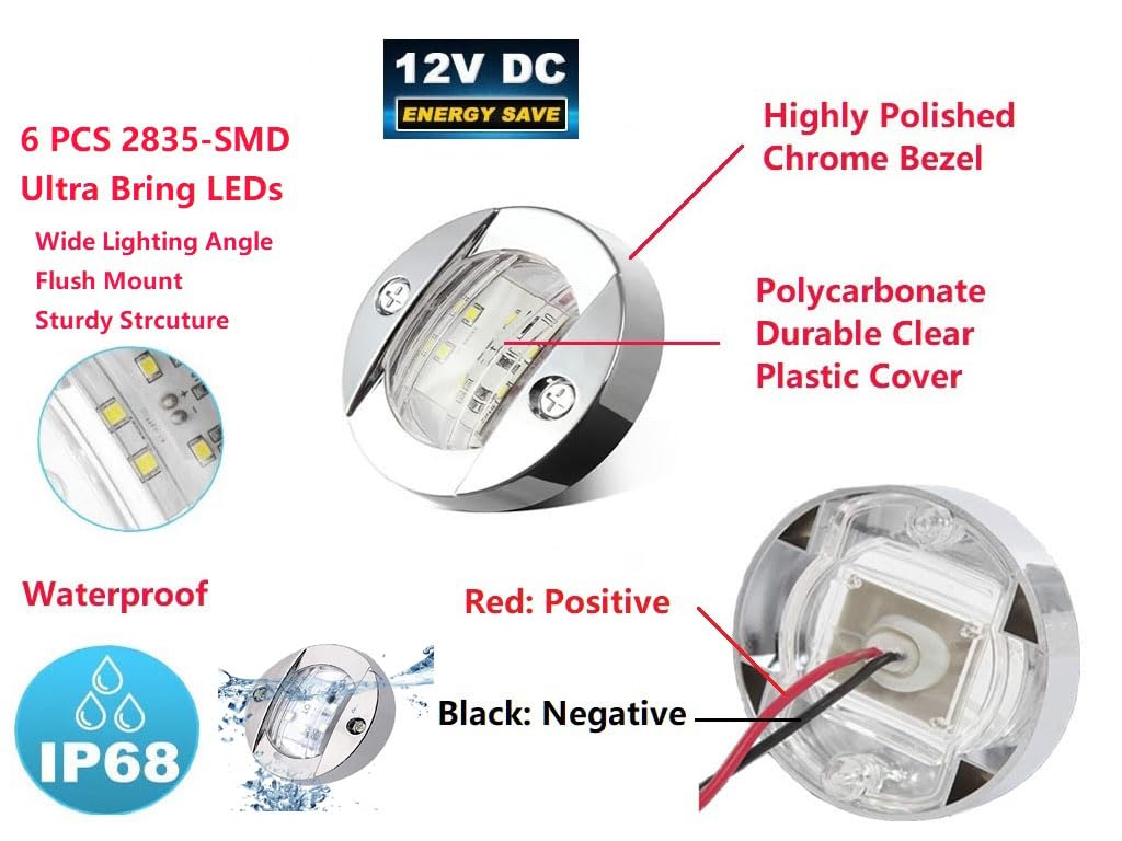 Marine Boat LED Cabin Deck Courtesy Light Stern Transom Lights 12V DC Round Chrome Clear Lens Waterproof, Round LED Deck Courtesy Blue Light 4 Pcs