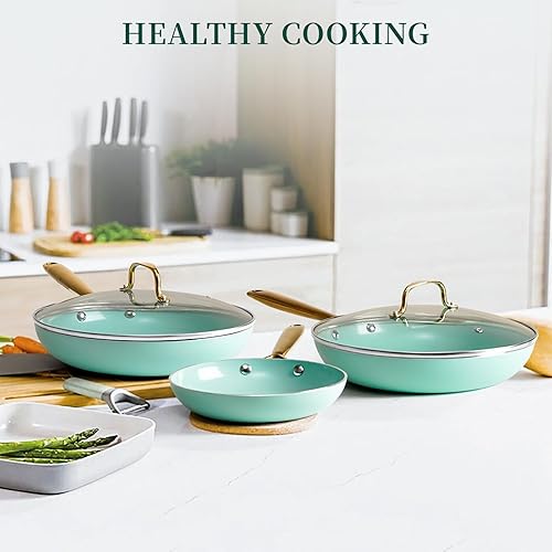 Miniatura 7 de Juego de sartenes de 5 piezas con tapa, 8 pulgadas, 10 pulgadas, 11 pulgadas, sartén antiadherente de granito saludable con revestimiento de