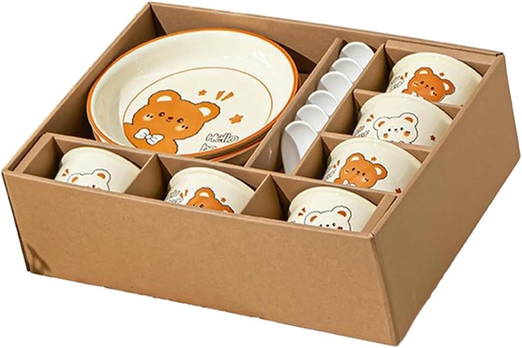 Creative cute bear cartoon ceramic bowls and plates, cute and interesting tableware for home use - Little Bear 6-person meal
