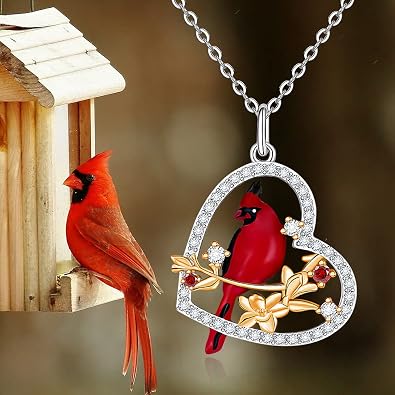 Fenthring Cardinal Necklace Cardinal Rings for Women Sterling Silver Heart Red Bird Cardinal Jewelry Mothers Day Memorial Gifts