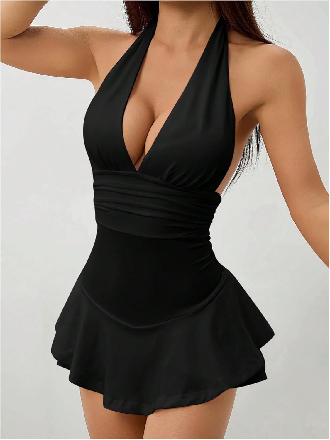 WDIRARA Women's Halter Sleeveless Romper Deep V Neck Ruffle Backless Shorts Jumpsuit Clubwear