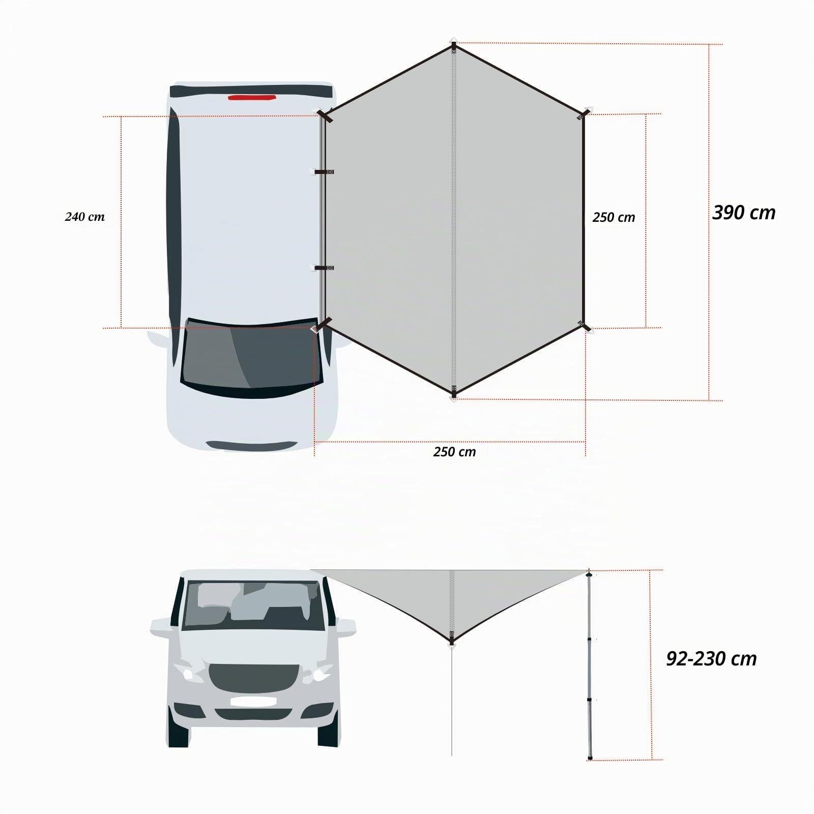 Dulepax SUV Awning 2.5M Gris, Toldo para Coche y Furgoneta Camper, 2 Tubos (Diámetro 4,8 y 6,8 mm), Impermeable, Lateral, Apto para Caravanas