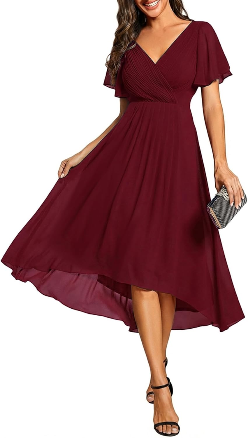 Ever-Pretty Women's Summer Chiffon Pleated V-Neck Short Cocktail Dresses Semi Formal Wedding Guest Dress 01923